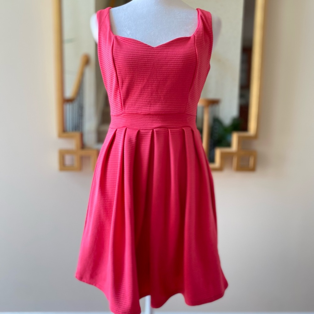 Nanette Lepore L’Amour Hot Pink Ribbed Fit Flare Mini Dress Heart Cutout Back SM